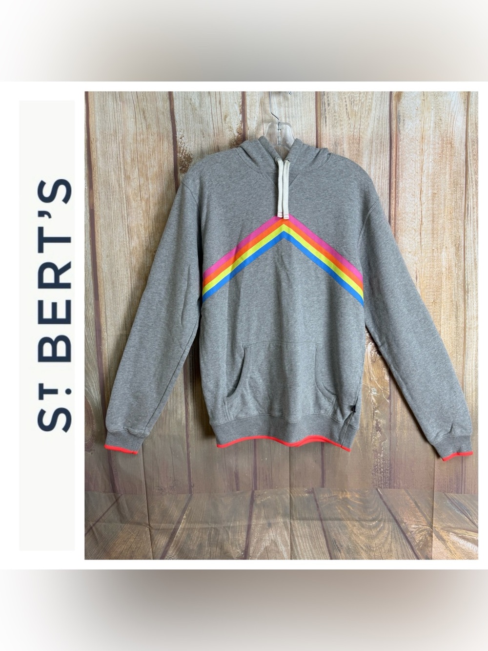 St. Bert’s Gray Hoodie Sweater with Rainbow Chevron Stripe Size Small